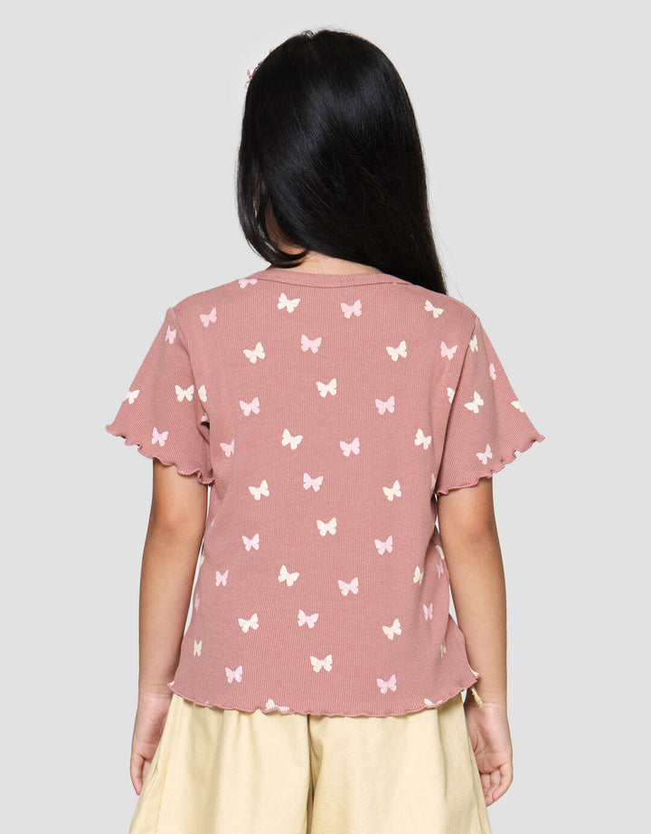 Little M Rib Print Pita Print Kaos Lengan Pendek Anak Perempuan