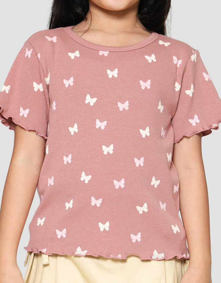 Little M Rib Print Pita Print Kaos Lengan Pendek Anak Perempuan