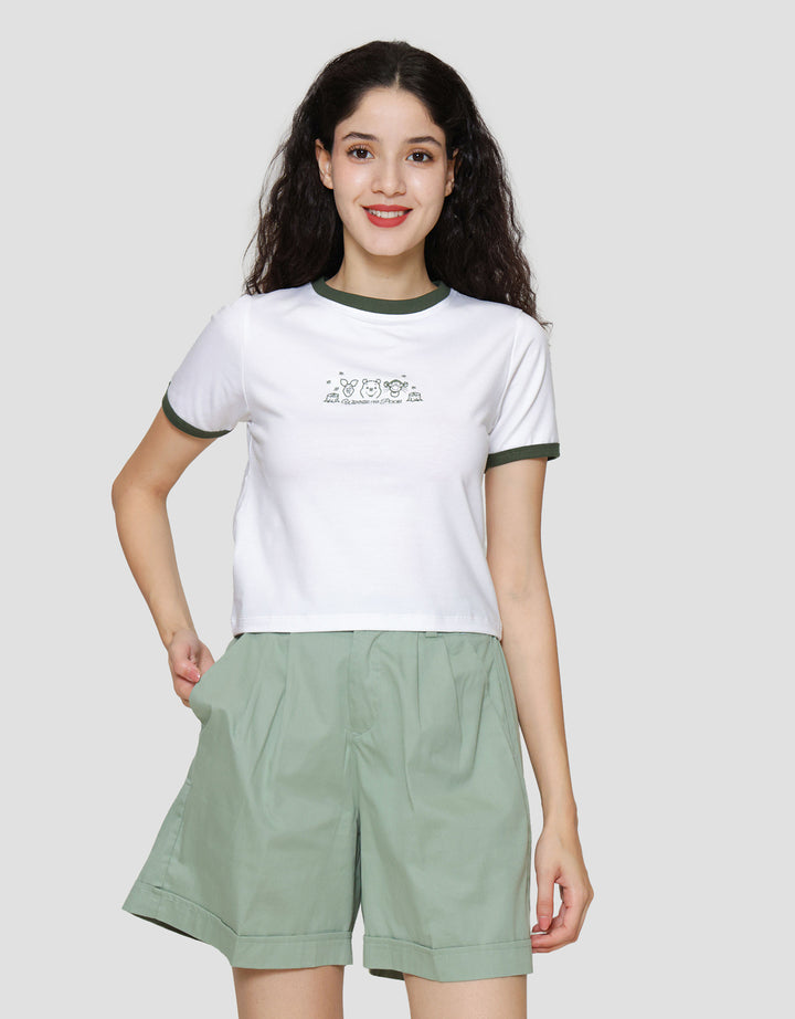 Disney Print Embro Winnie The Pooh Kaos Lengan Pendek Wanita
