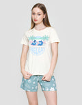 Disney Green Stitch Top Knit Bottom Rayon Piyama Set Wanita