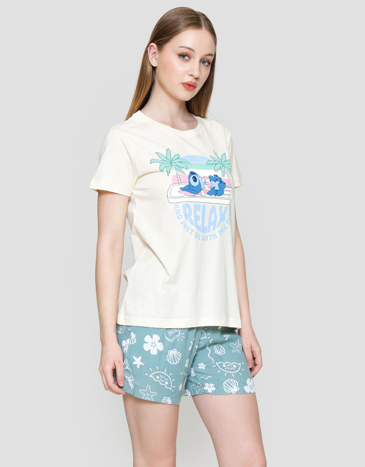 Disney Green Stitch Top Knit Bottom Rayon Piyama Set Wanita