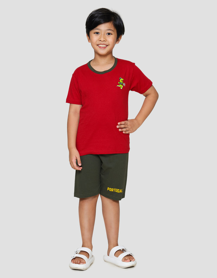 Little M Dino Soccer Portugal Print Pakaian Set Anak Laki-laki