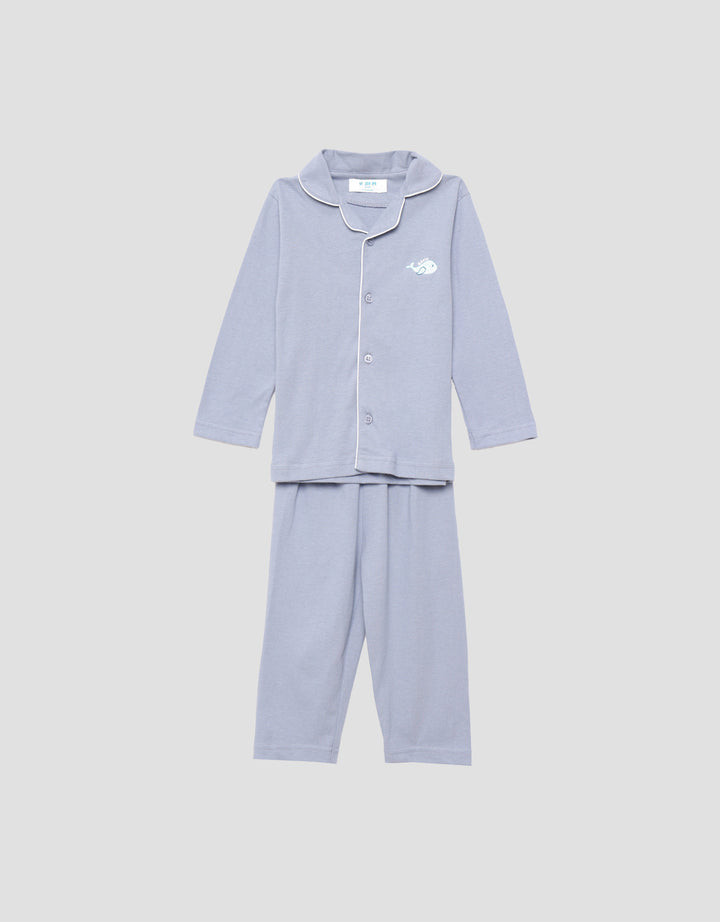 Little M Kerah Polos Logo Whale Setelan Piyama Anak Laki-laki