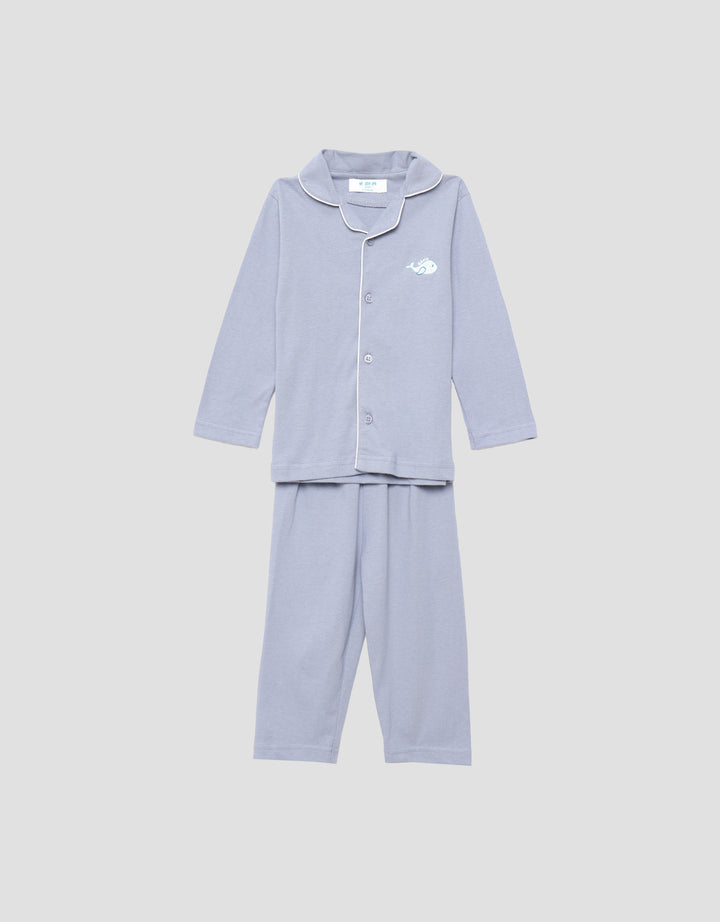 Little M Kerah Polos Logo Whale Setelan Piyama Anak Laki-laki