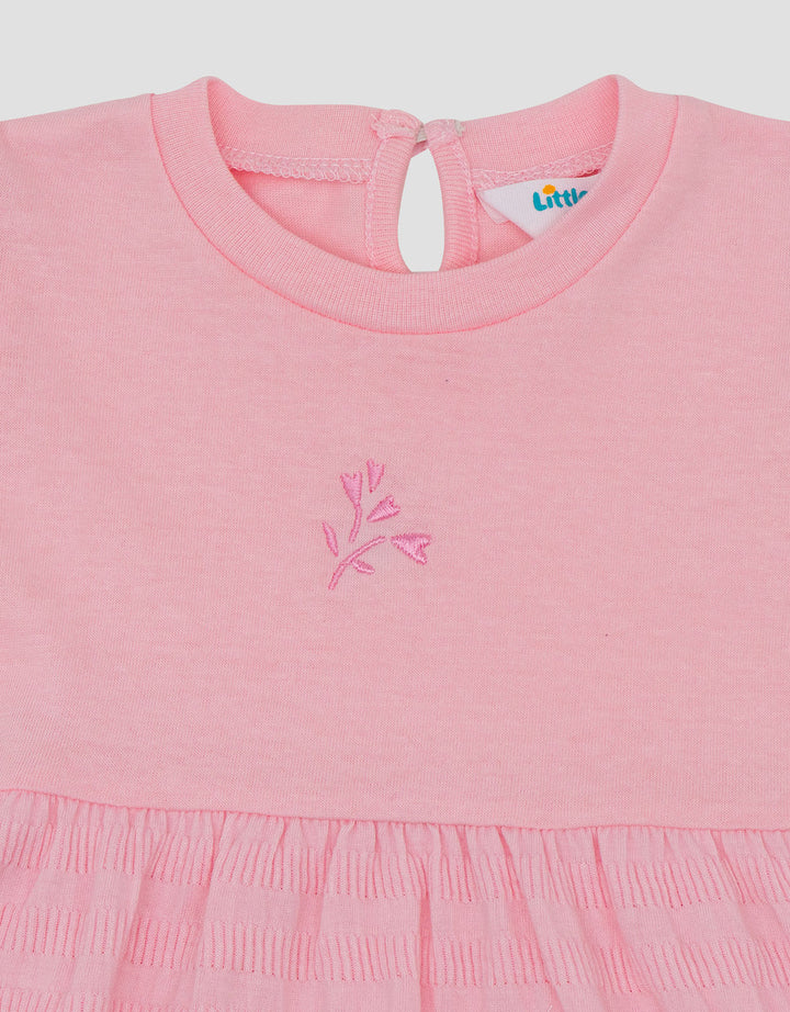 Little M Textured Salur Bawah Embro Dress Bayi