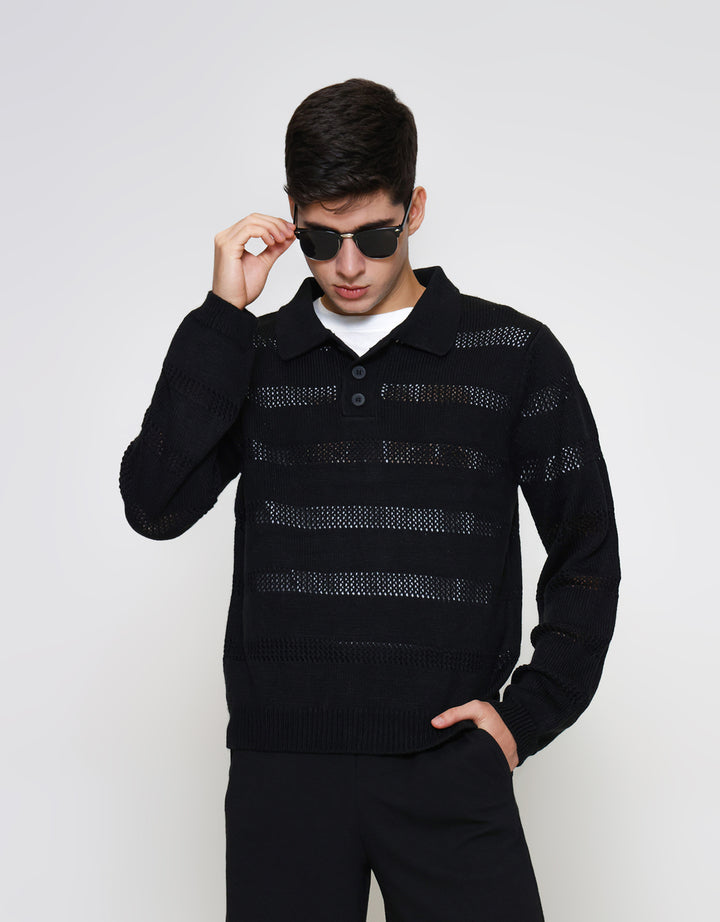 ZES Buttoned Flat Knit Polo Lengan Panjang Pria PLA203