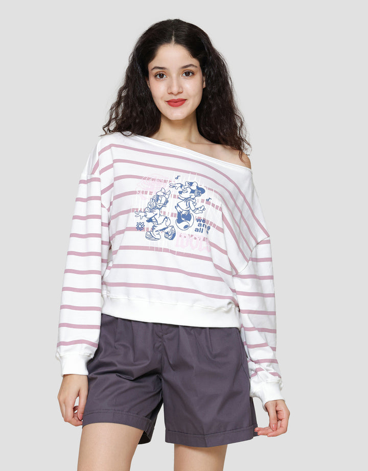 Disney Boatneck Stripe Print Mickey Mouse Sweater Wanita