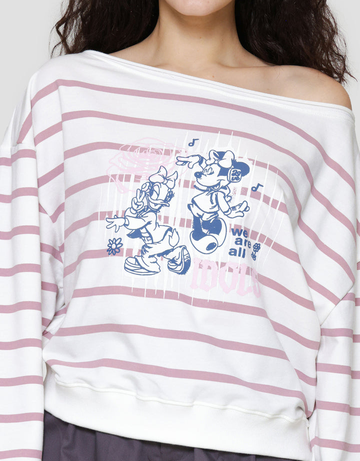 Disney Boatneck Stripe Print Mickey Mouse Sweater Wanita