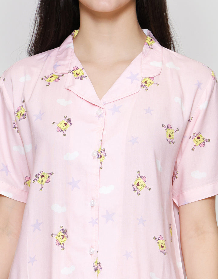 Nevada Pink Spongebob Print Setelan Piyama Wanita