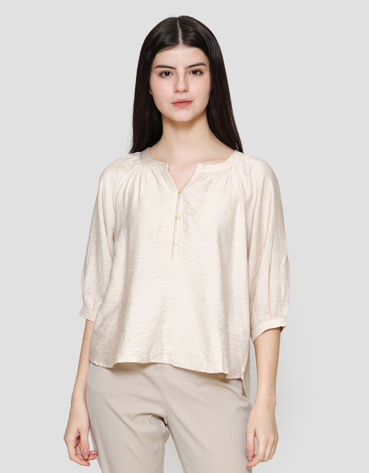 S. Yves Textured Silicone Silk Buttoned V Neck Blouse Wanita