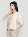 S. Yves Textured Silicone Silk Buttoned V Neck Blouse Wanita