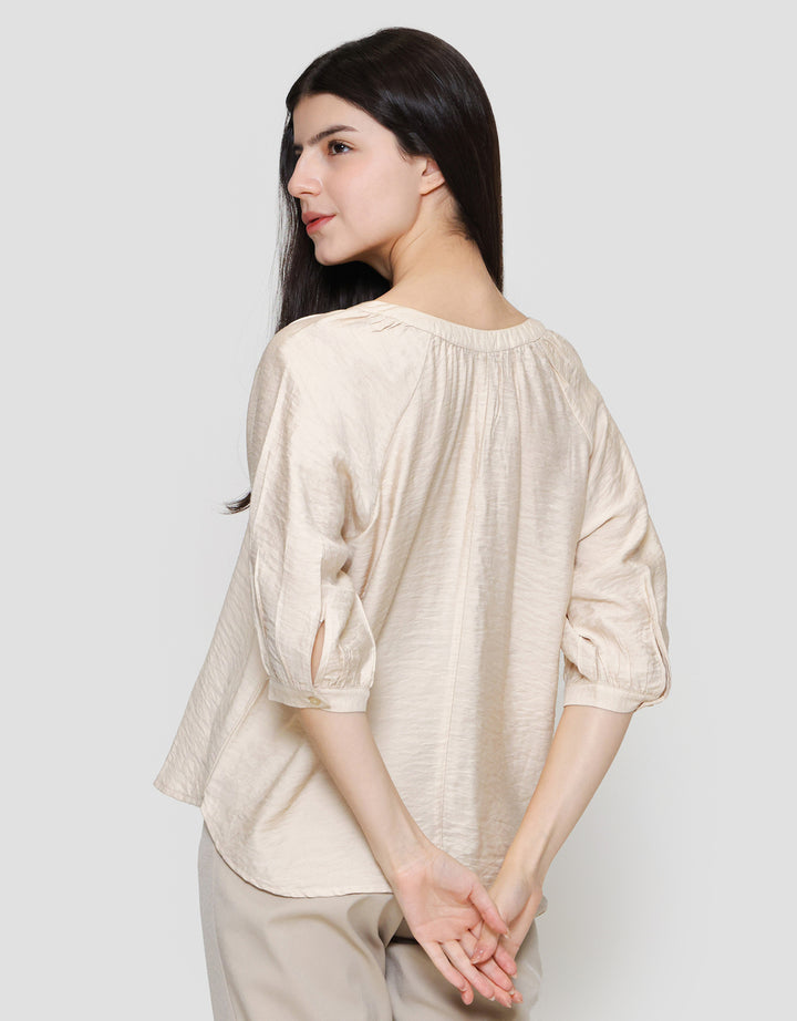 S. Yves Textured Silicone Silk Buttoned V Neck Blouse Wanita