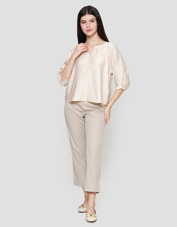 S. Yves Textured Silicone Silk Buttoned V Neck Blouse Wanita