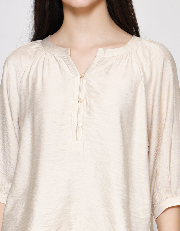 S. Yves Textured Silicone Silk Buttoned V Neck Blouse Wanita