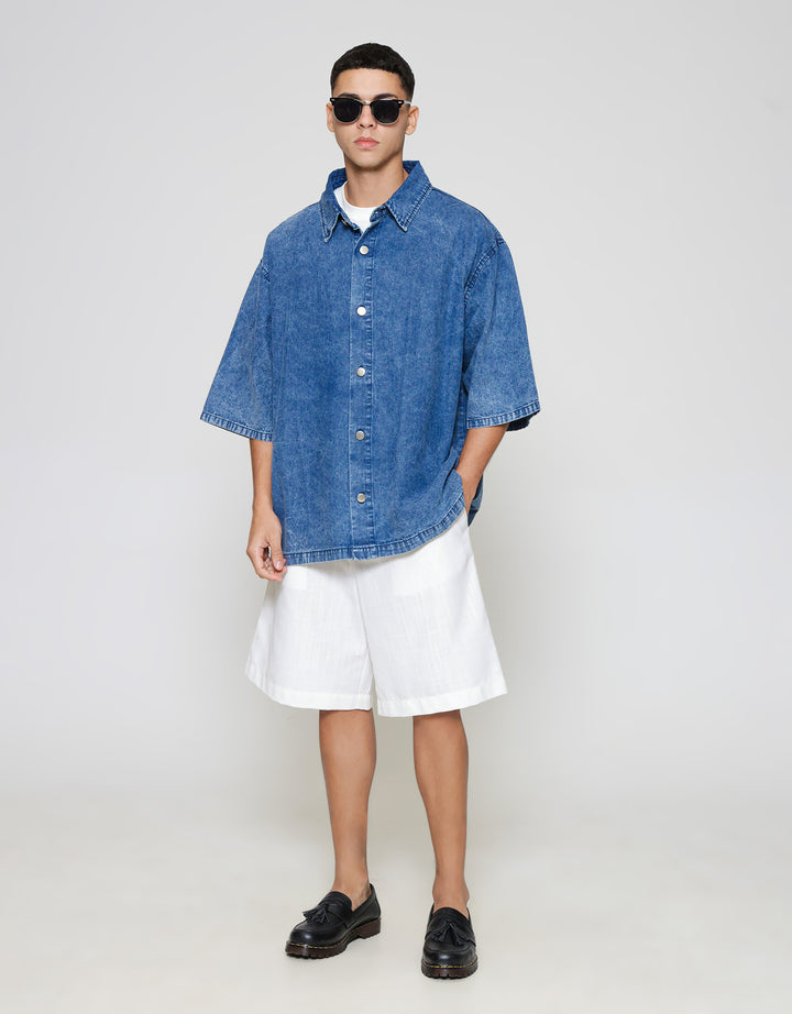 ZES Denim Looks Plain Kemeja Lengan Pendek Pria KMB201