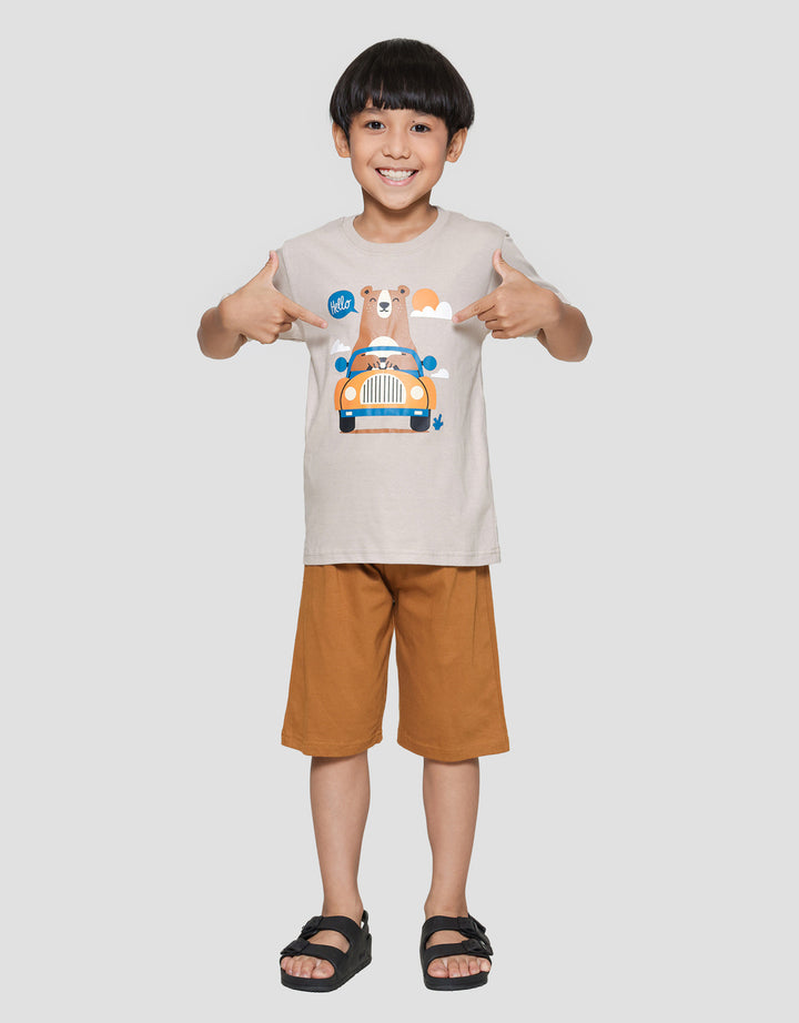 Little M Bear Driving Print Pakaian Setelan Anak Laki-laki
