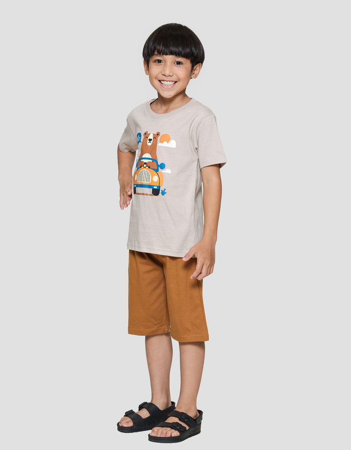 Little M Bear Driving Print Pakaian Setelan Anak Laki-laki