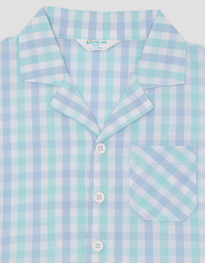 Little M Kotak Biru Summer Pakaian Setelan Anak Perempuan