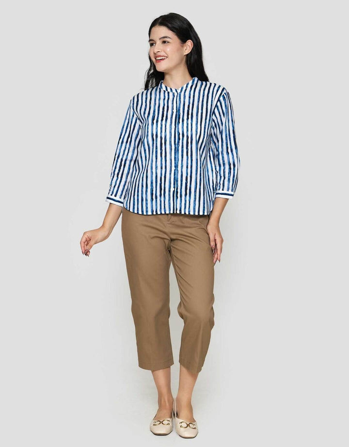 St. Yves Cotton Stripes Buttoned Down Blouse Wanita