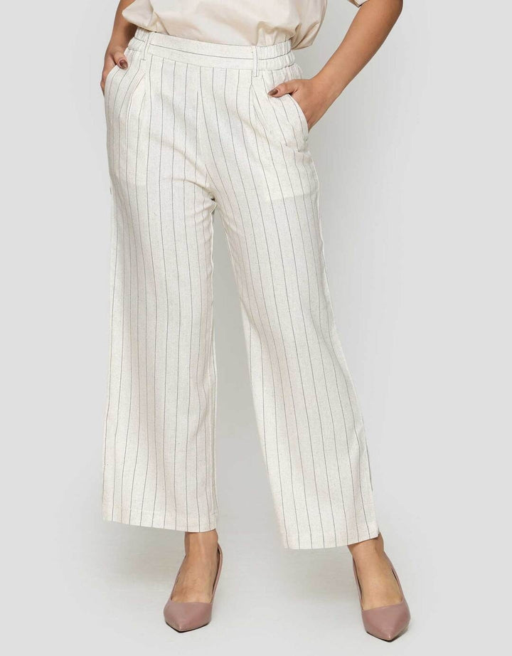 St. Yves Cropped Wide Leg Stripy Linen Celana Panjang Wanita