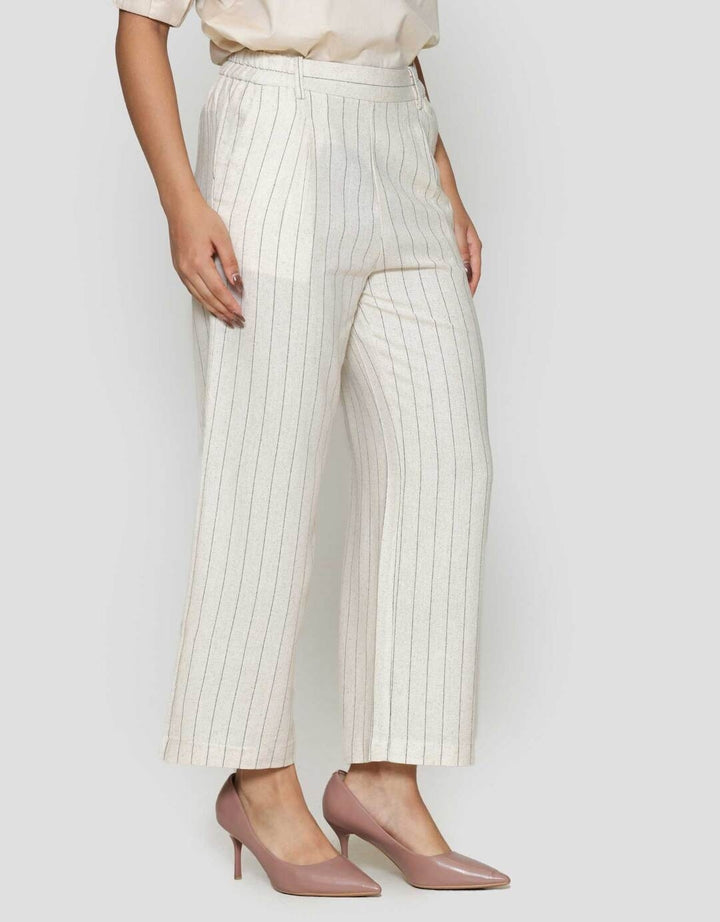 St. Yves Cropped Wide Leg Stripy Linen Celana Panjang Wanita