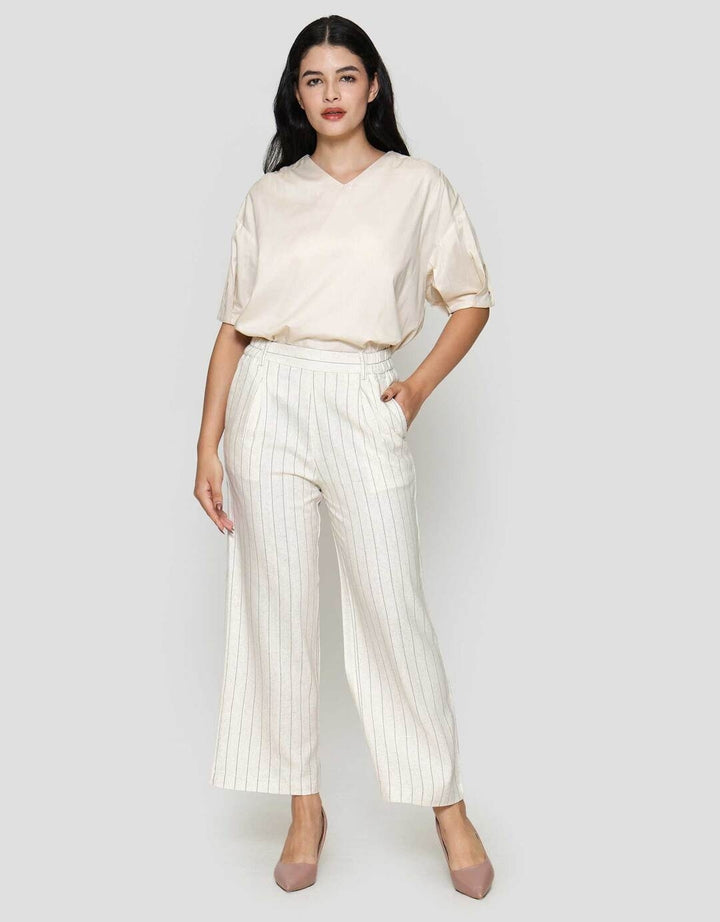 St. Yves Cropped Wide Leg Stripy Linen Celana Panjang Wanita