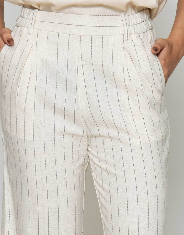 St. Yves Cropped Wide Leg Stripy Linen Celana Panjang Wanita