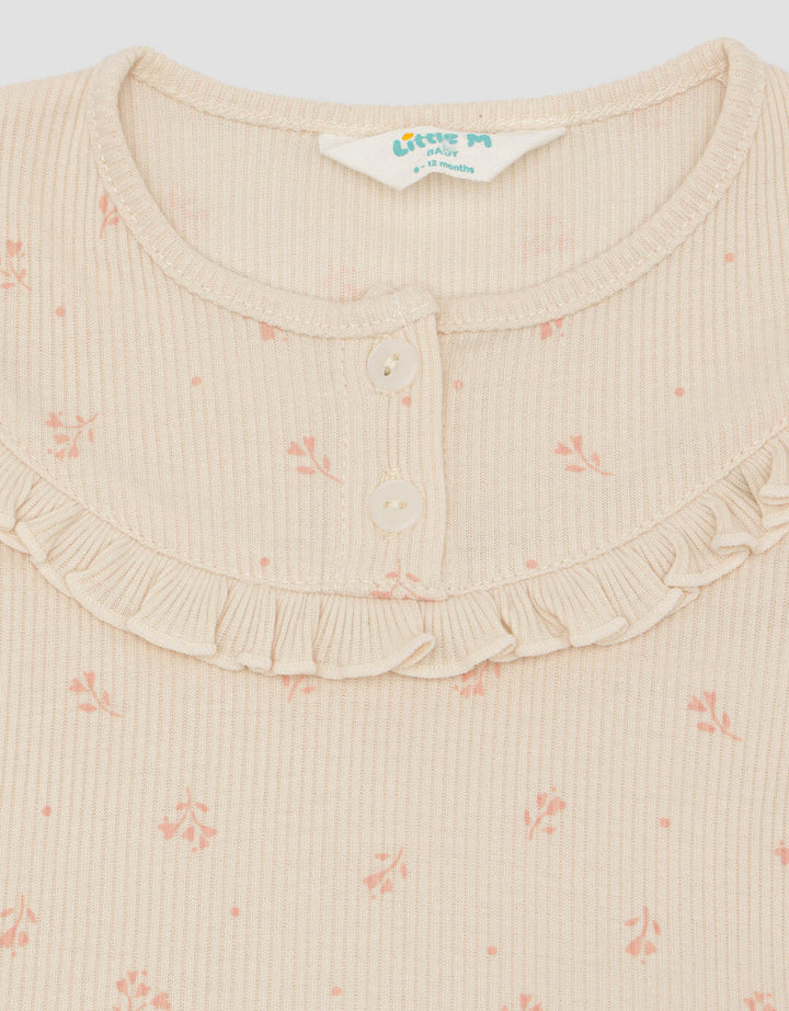 Little M Textured Rib Flowers Baju Set Anak Perempuan