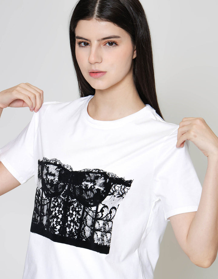 ZES Regular Lace Tube Print Kaos Lengan Pendek Wanita CRLVT032
