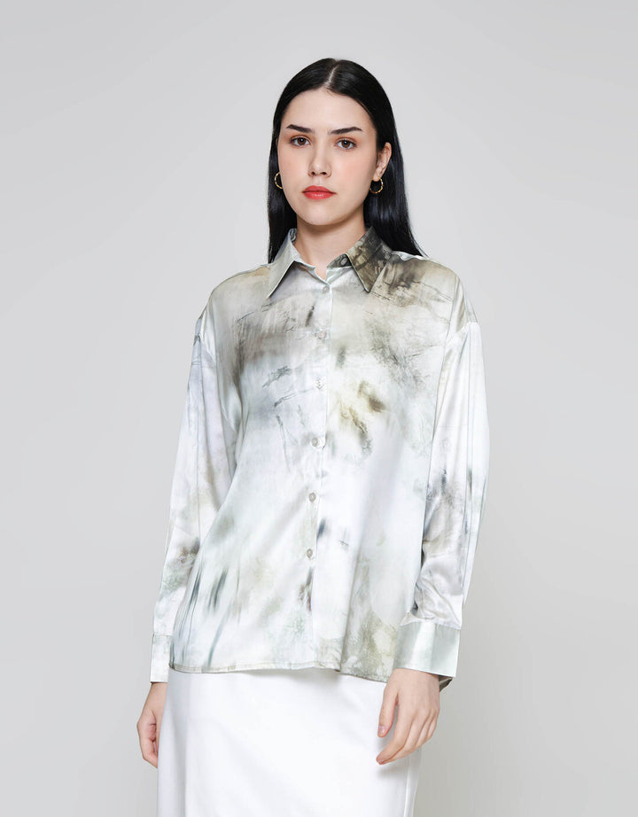 ZES Abstract Print Kemeja Lengan Panjang Wanita MELWT008