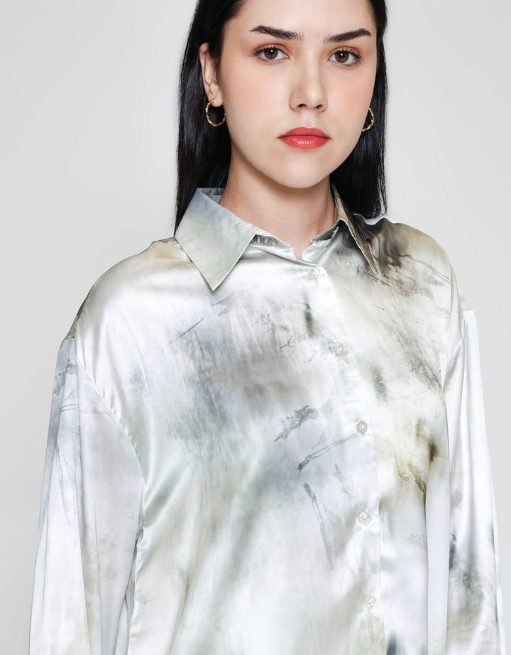 ZES Abstract Print Kemeja Lengan Panjang Wanita MELWT008