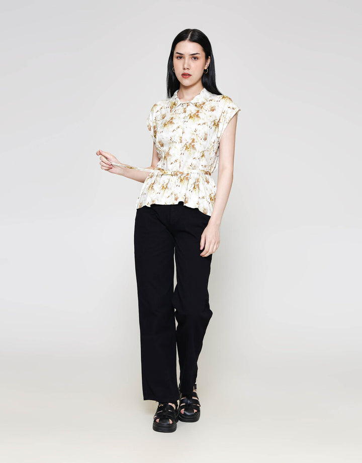 ZES Abstract Print Sleeveless With Belt Kemeja Wanita MPRWT013
