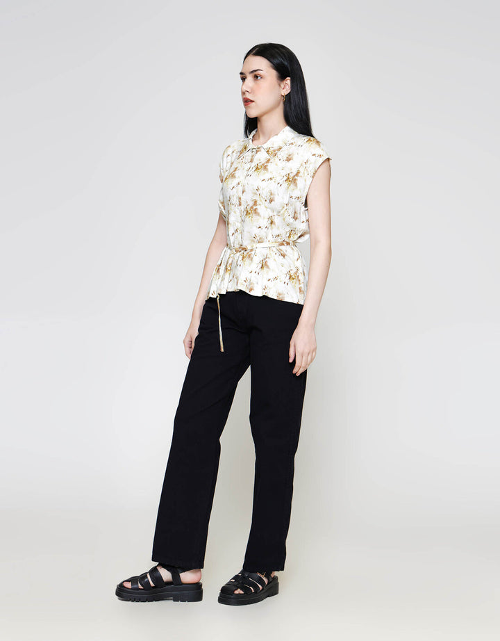 ZES Abstract Print Sleeveless With Belt Kemeja Wanita MPRWT013