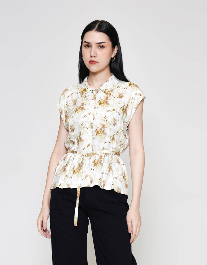 ZES Abstract Print Sleeveless With Belt Kemeja Wanita MPRWT013