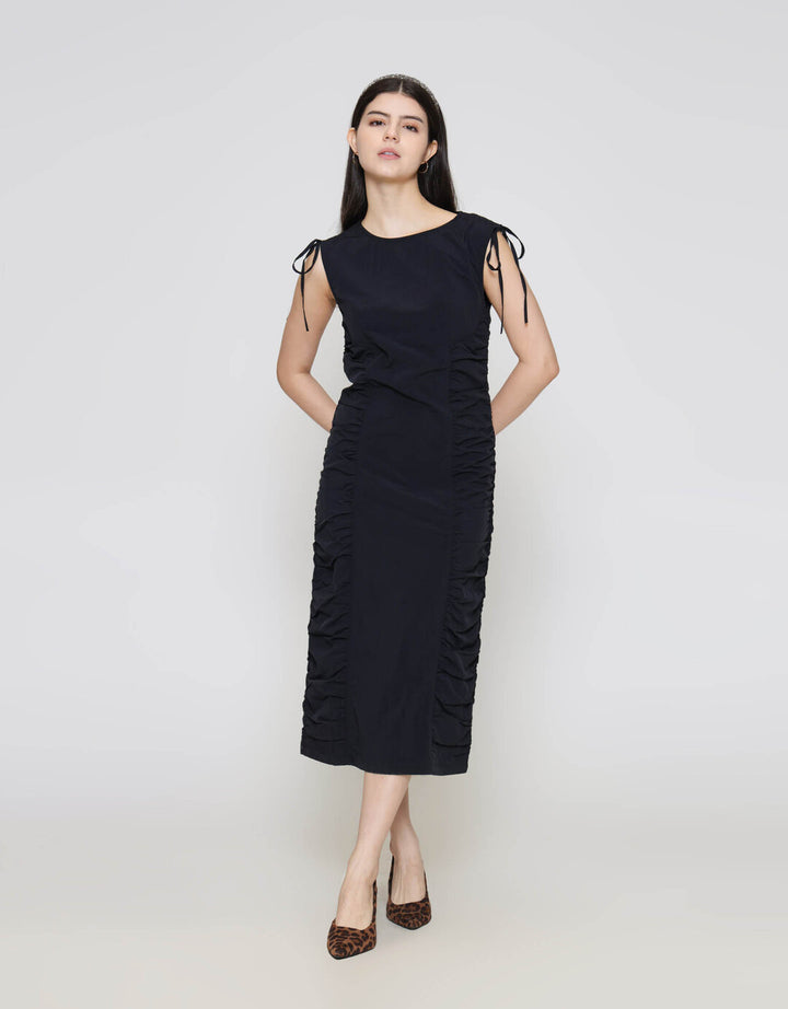 ZES Fitted With Drawstring On Shoulder Midi Dress Wanita MASDD005