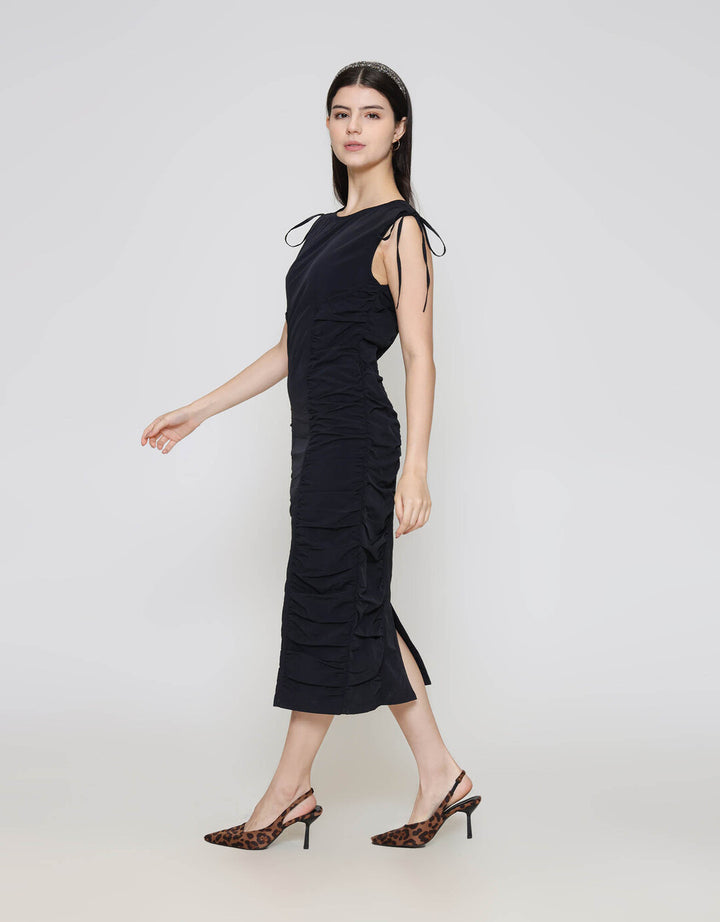 ZES Fitted With Drawstring On Shoulder Midi Dress Wanita MASDD005