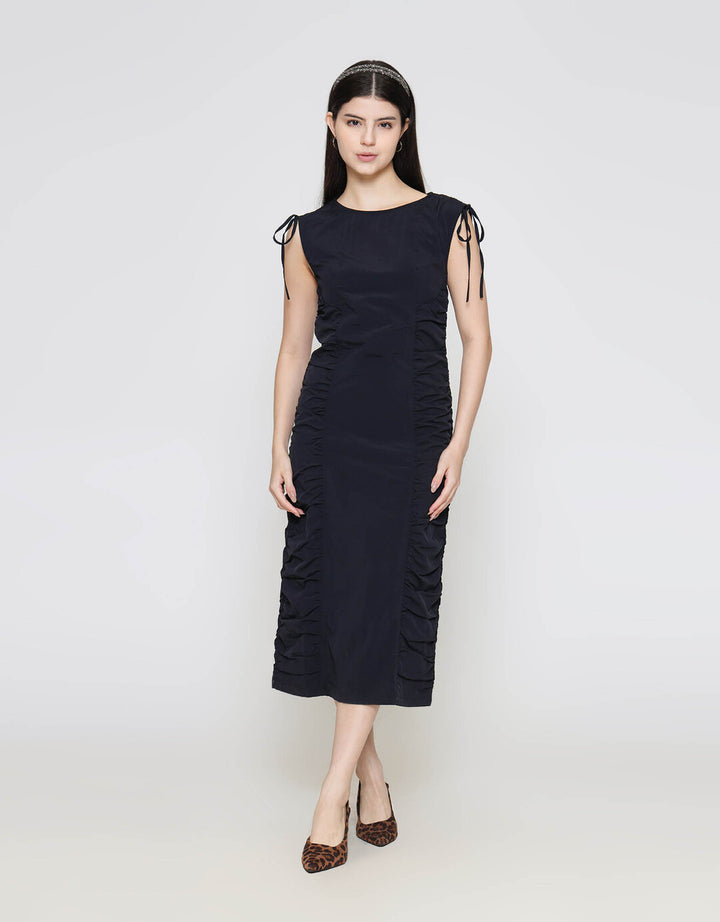 ZES Fitted With Drawstring On Shoulder Midi Dress Wanita MASDD005