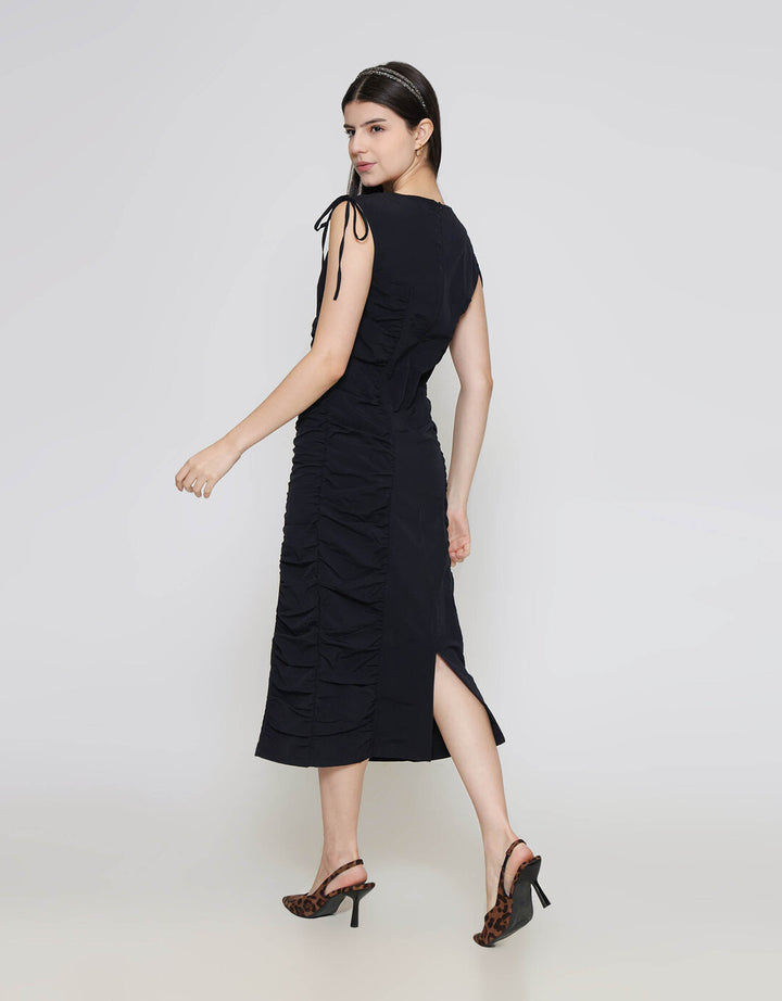 ZES Fitted With Drawstring On Shoulder Midi Dress Wanita MASDD005