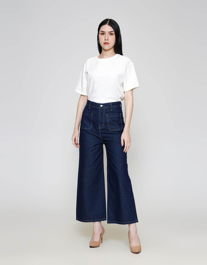 ZES Denim Long Pants Wide Leg Double Pocket Under Waist BLDD003