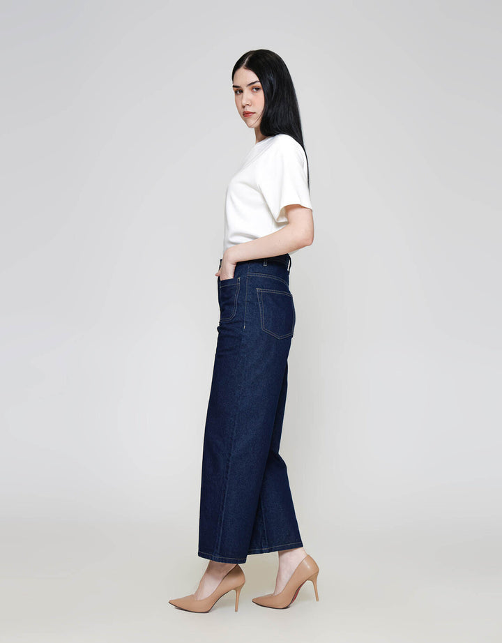 ZES Denim Long Pants Wide Leg Double Pocket Under Waist BLDD003