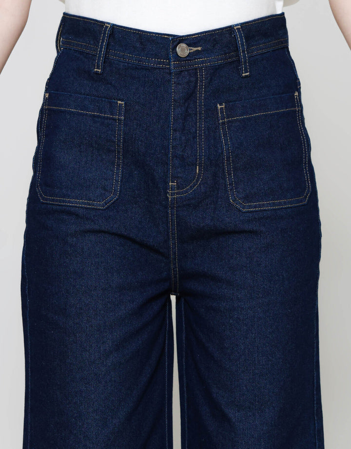 ZES Denim Long Pants Wide Leg Double Pocket Under Waist BLDD003