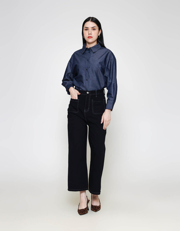 ZES Denim Long Pants Wide Leg Double Pocket Under Waist BLDD003