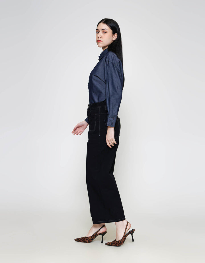 ZES Denim Long Pants Wide Leg Double Pocket Under Waist BLDD003