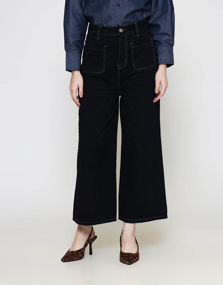 ZES Denim Long Pants Wide Leg Double Pocket Under Waist BLDD003
