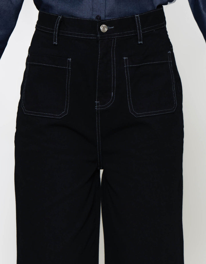 ZES Denim Long Pants Wide Leg Double Pocket Under Waist BLDD003