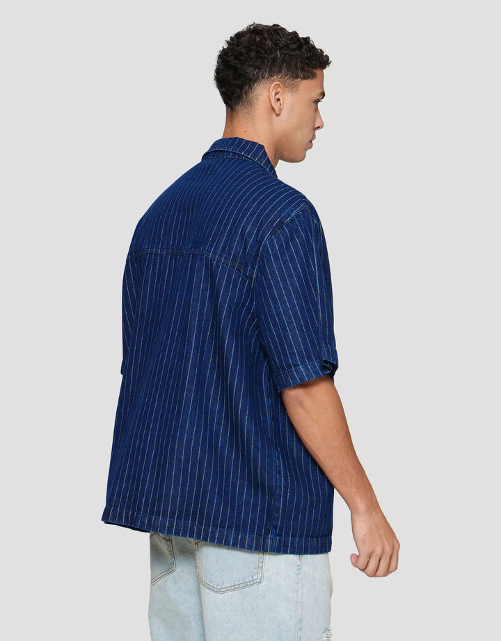 Nevada Plain Stripe Boxy Oversize With Pocket Kemeja Denim Pria