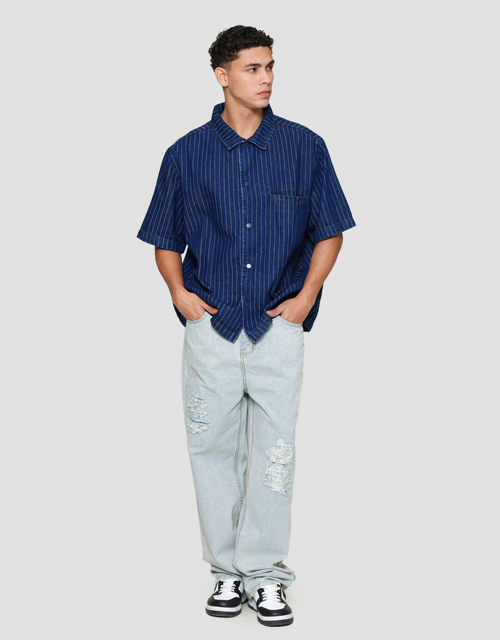 Nevada Plain Stripe Boxy Oversize With Pocket Kemeja Denim Pria