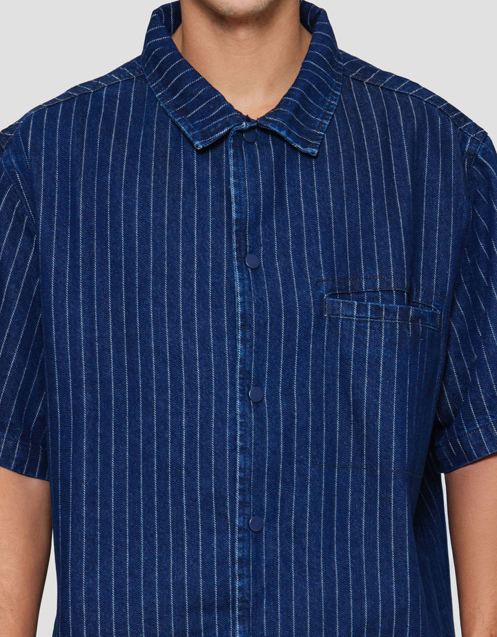 Nevada Plain Stripe Boxy Oversize With Pocket Kemeja Denim Pria