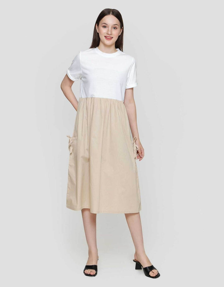 Nevada Woven Combination Knit Midi Dress Wanita