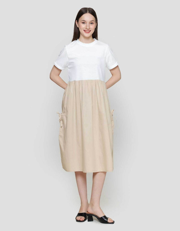 Nevada Woven Combination Knit Midi Dress Wanita